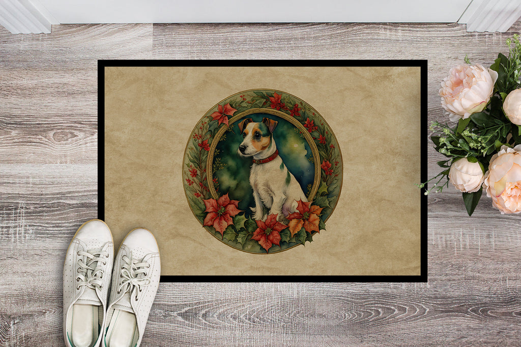 Jack Russell Terrier Christmas Flowers Doormat Indoor Outdoor 24H X 36W Front Door Mat Rugs for Entryway, Non Slip Washable Low Pile,