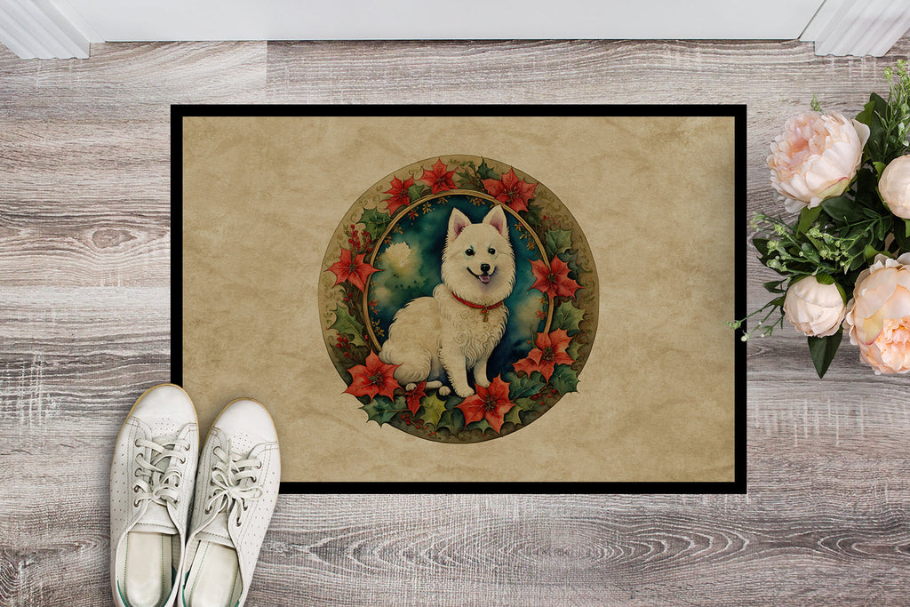 Japanese Spitz Christmas Flowers Doormat Indoor Outdoor 18H X 27W Front Door Mat Rugs for Entryway, Non Slip Washable