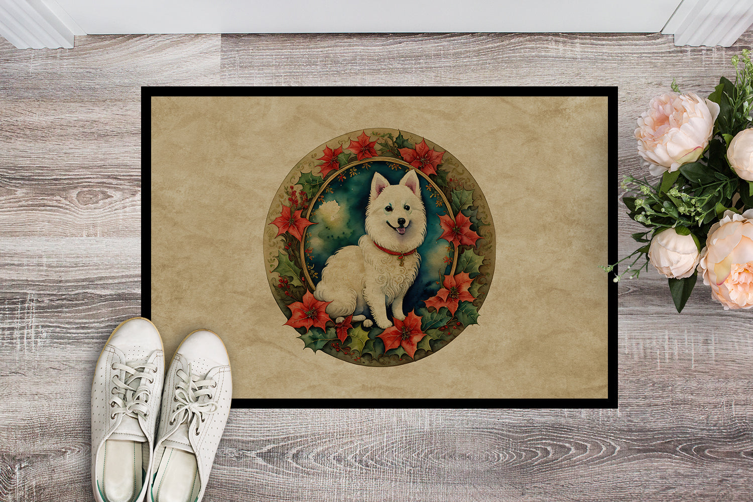 Japanese Spitz Christmas Flowers Doormat Indoor Outdoor 18H X 27W Front Door Mat Rugs for Entryway, Non Slip Washable