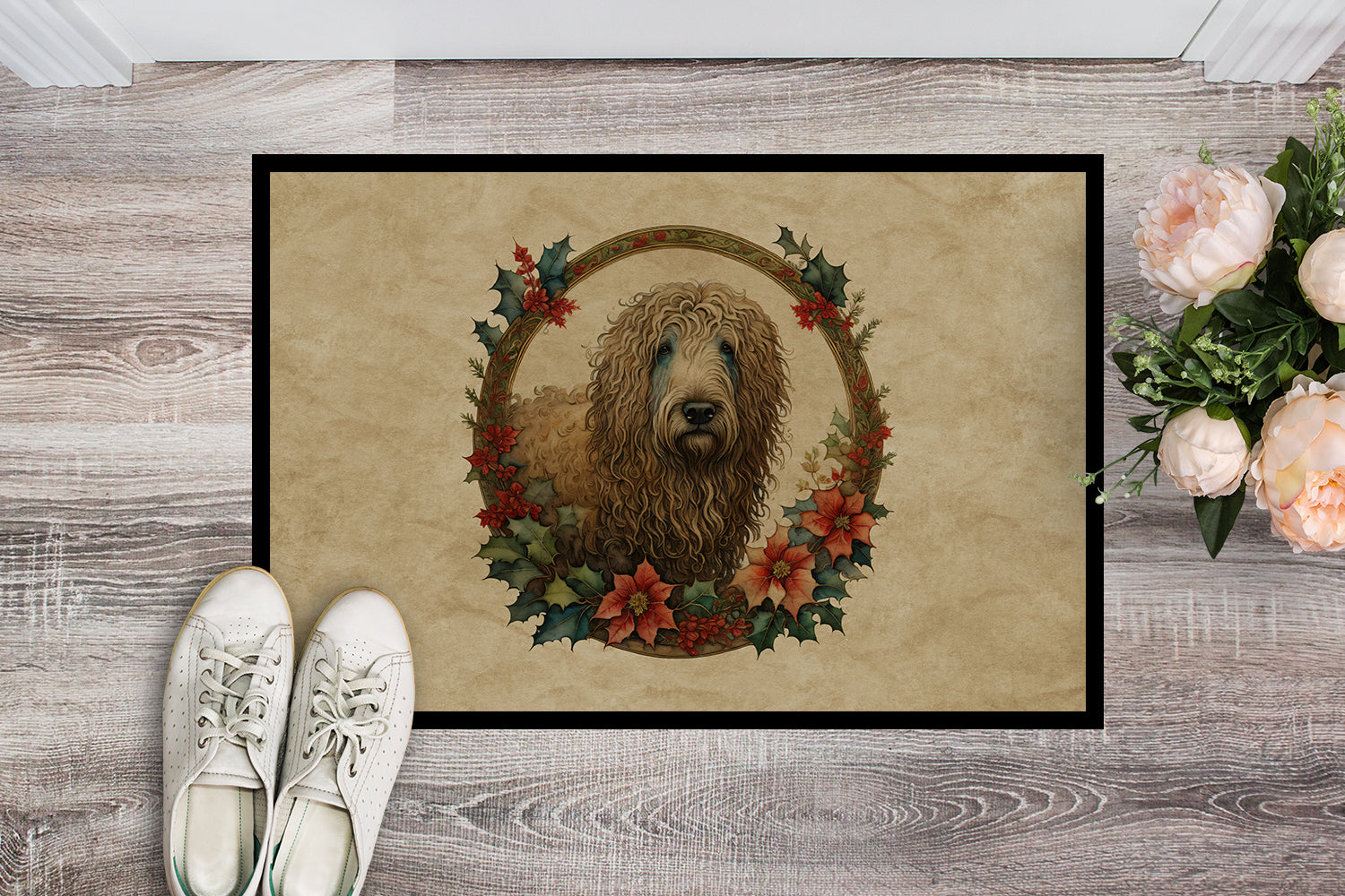 Komondor Christmas Flowers Doormat Indoor Outdoor 18H X 27W Front Door Mat Rugs for Entryway, Non Slip Washable