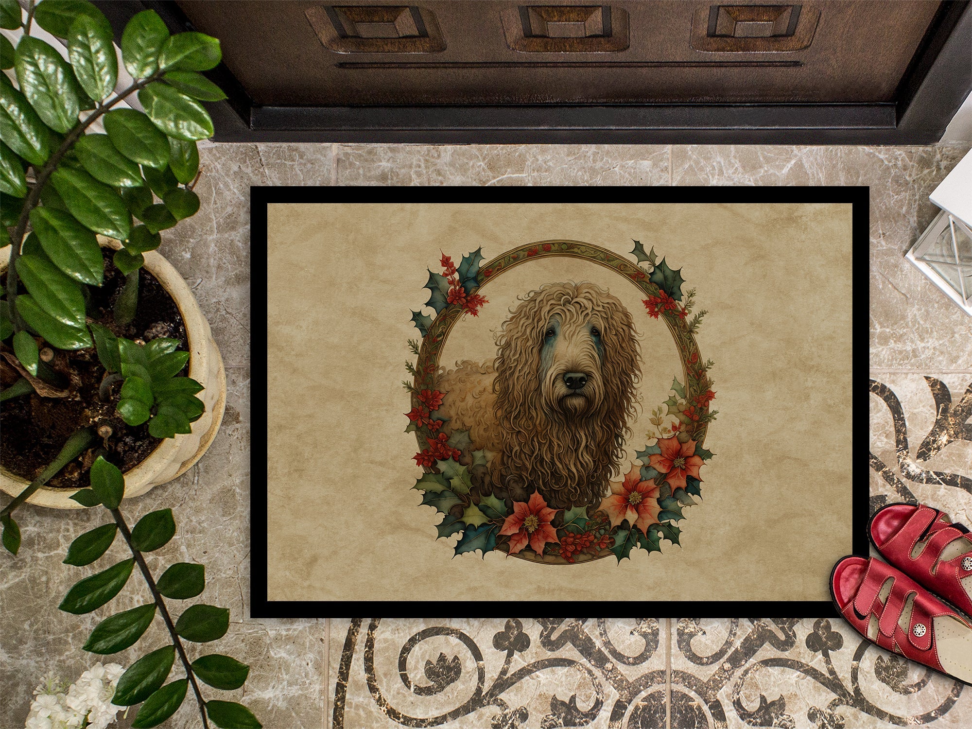 Komondor Christmas Flowers Doormat Indoor Outdoor 18H X 27W Front Door Mat Rugs for Entryway, Non Slip Washable