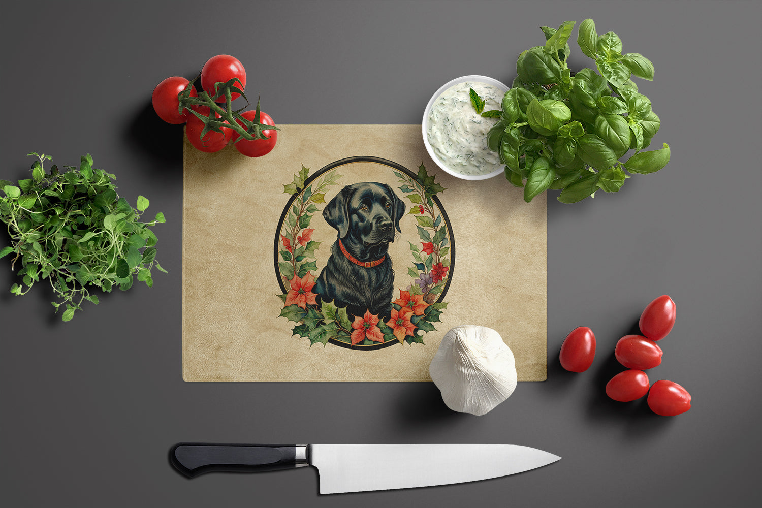 Labrador Retriever Christmas Flowers Cutting Board Tempered Glass Kitchen Cutting Surface, Heat Resistant Chopping, Non-Slip Feet, Food Prep & Serving