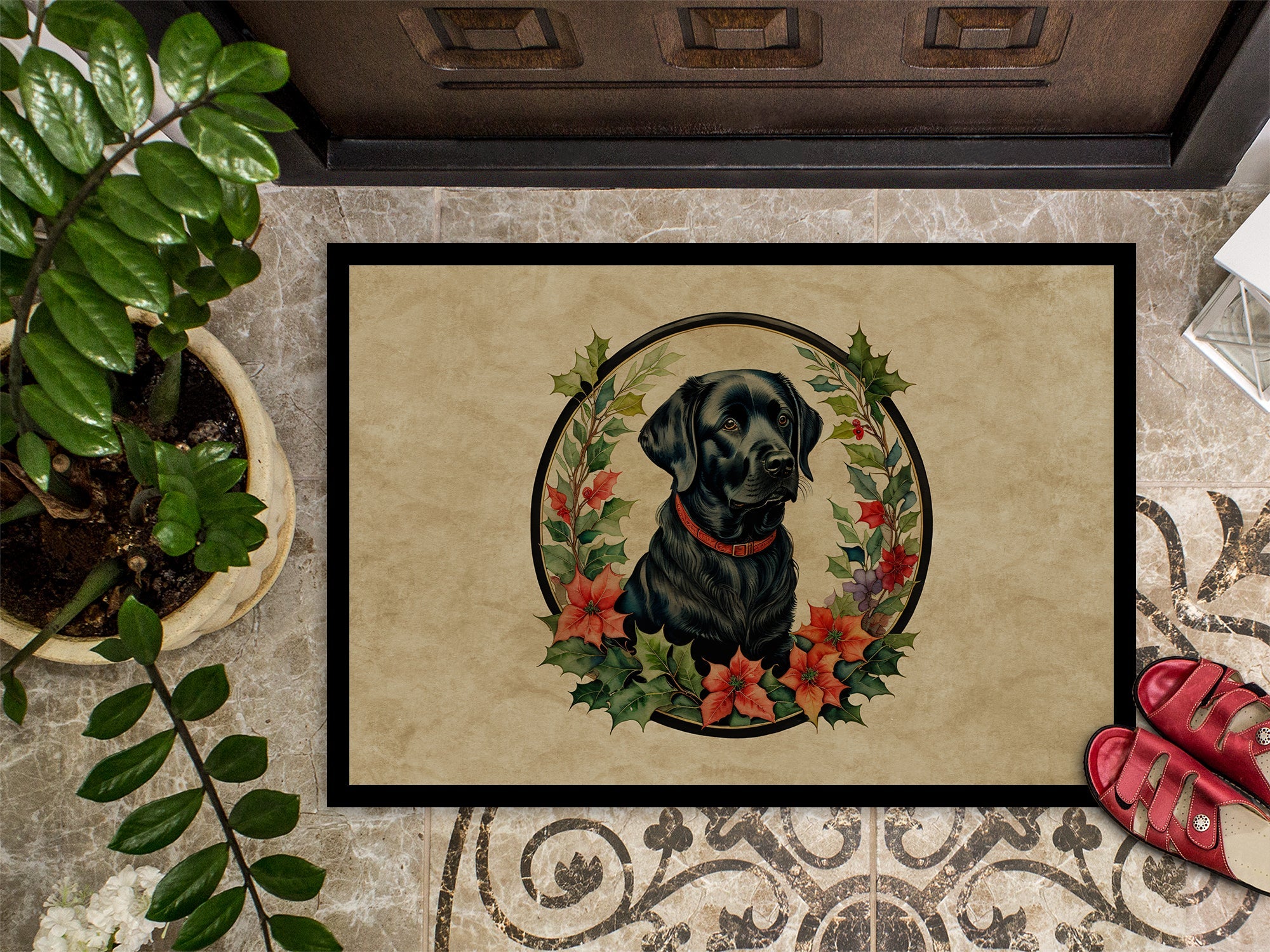 Labrador Retriever Christmas Flowers Doormat Indoor Outdoor 18H X 27W Front Door Mat Rugs for Entryway, Non Slip Washable