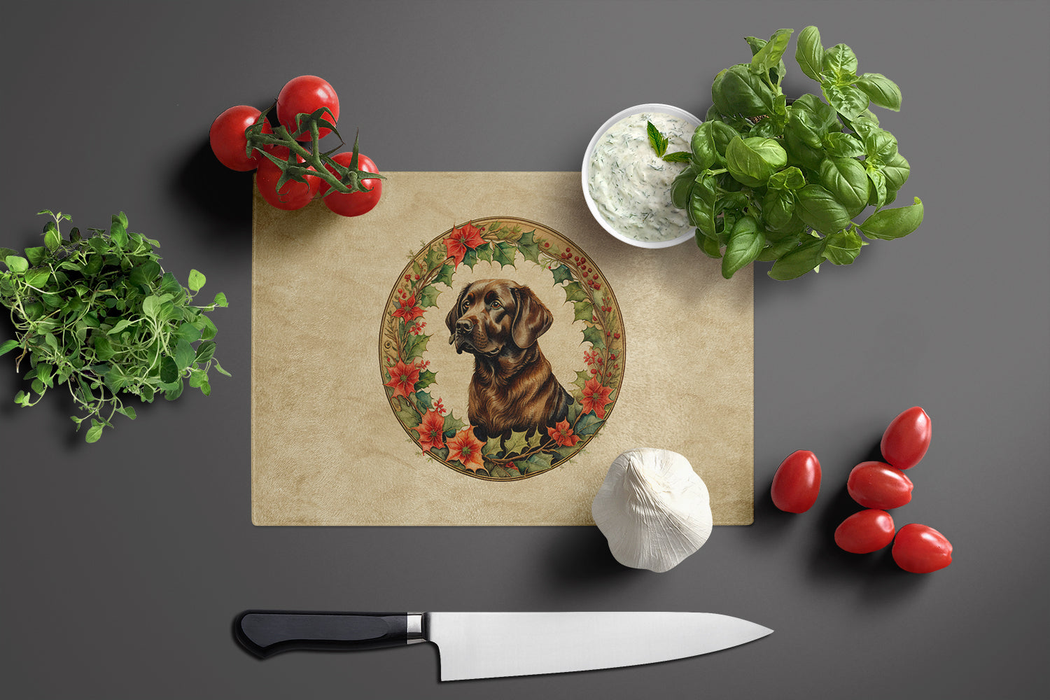 Labrador Retriever Christmas Flowers Cutting Board Tempered Glass Kitchen Cutting Surface, Heat Resistant Chopping, Non-Slip Feet, Food Prep & Serving