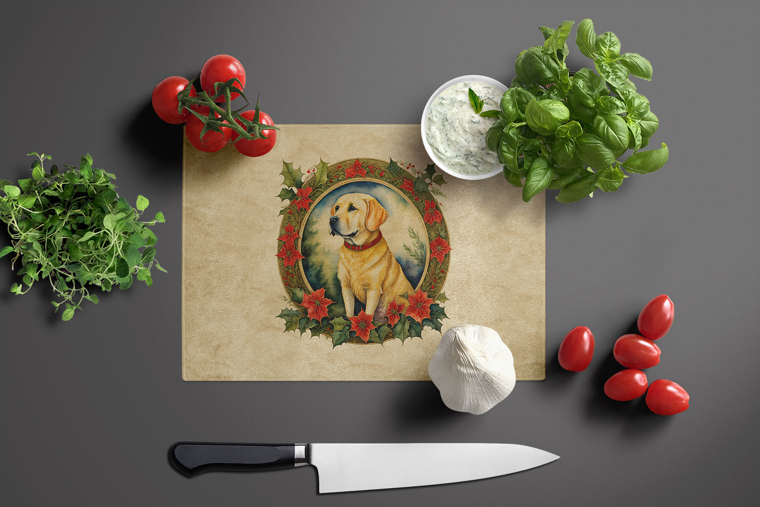 Labrador Retriever Christmas Flowers Cutting Board Tempered Glass Kitchen Cutting Surface, Heat Resistant Chopping, Non-Slip Feet, Food Prep & Serving