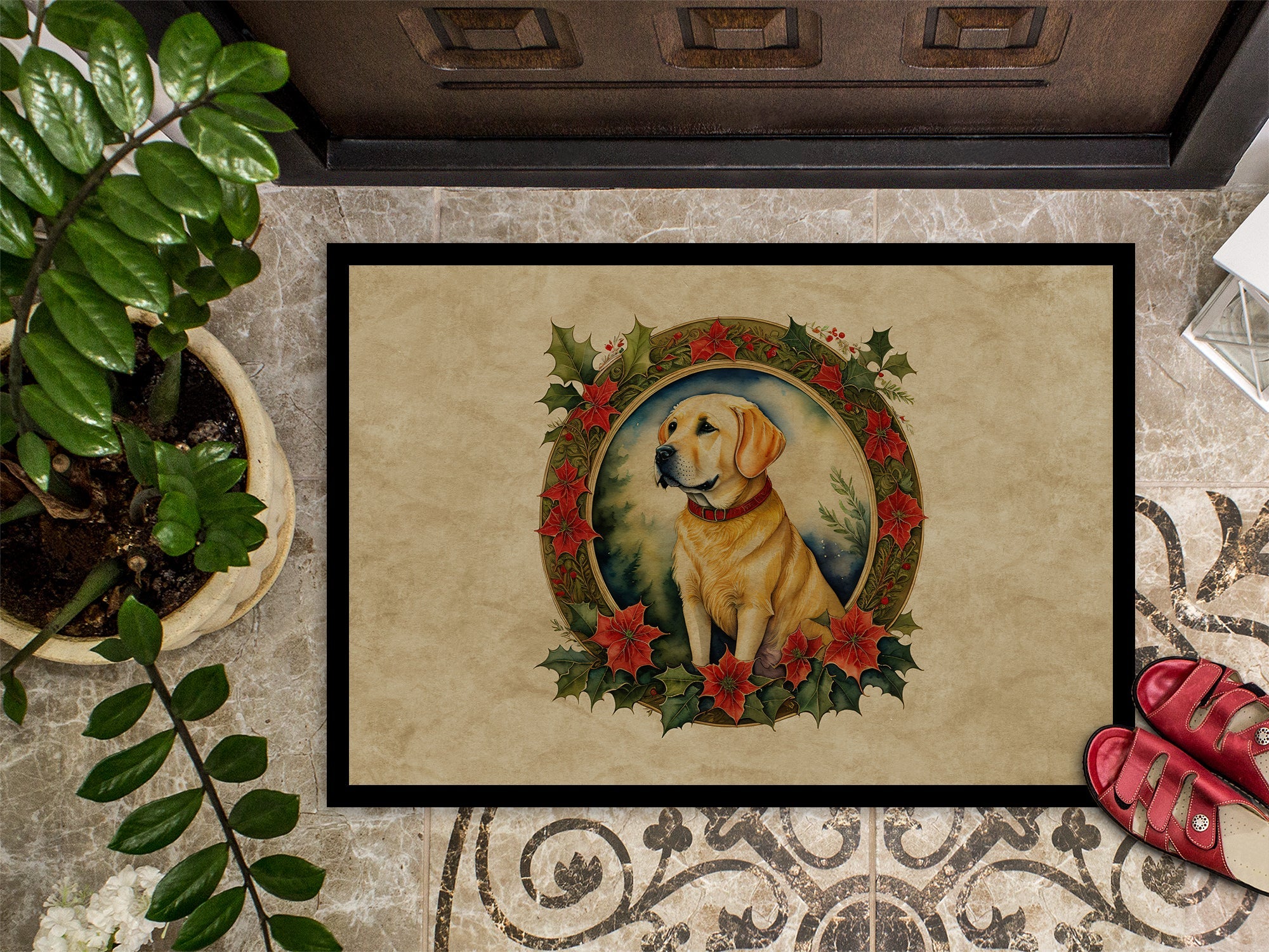 Labrador Retriever Christmas Flowers Doormat Indoor Outdoor 18H X 27W Front Door Mat Rugs for Entryway, Non Slip Washable