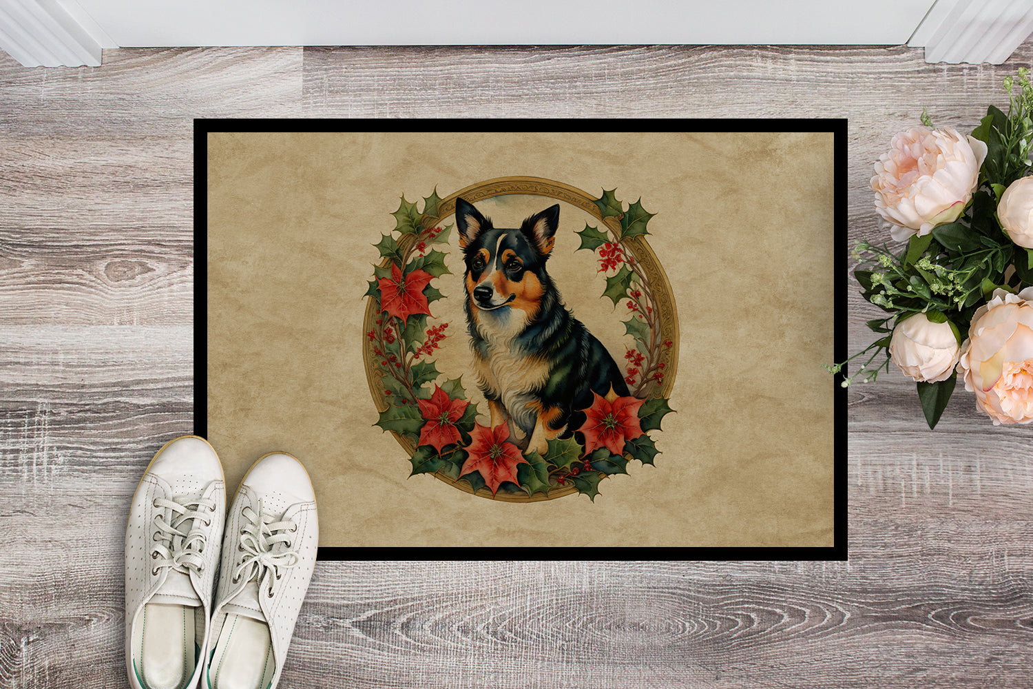 Lancashire Heeler Christmas Flowers Doormat Indoor Outdoor 24H X 36W Front Door Mat Rugs for Entryway, Non Slip Washable Low Pile,