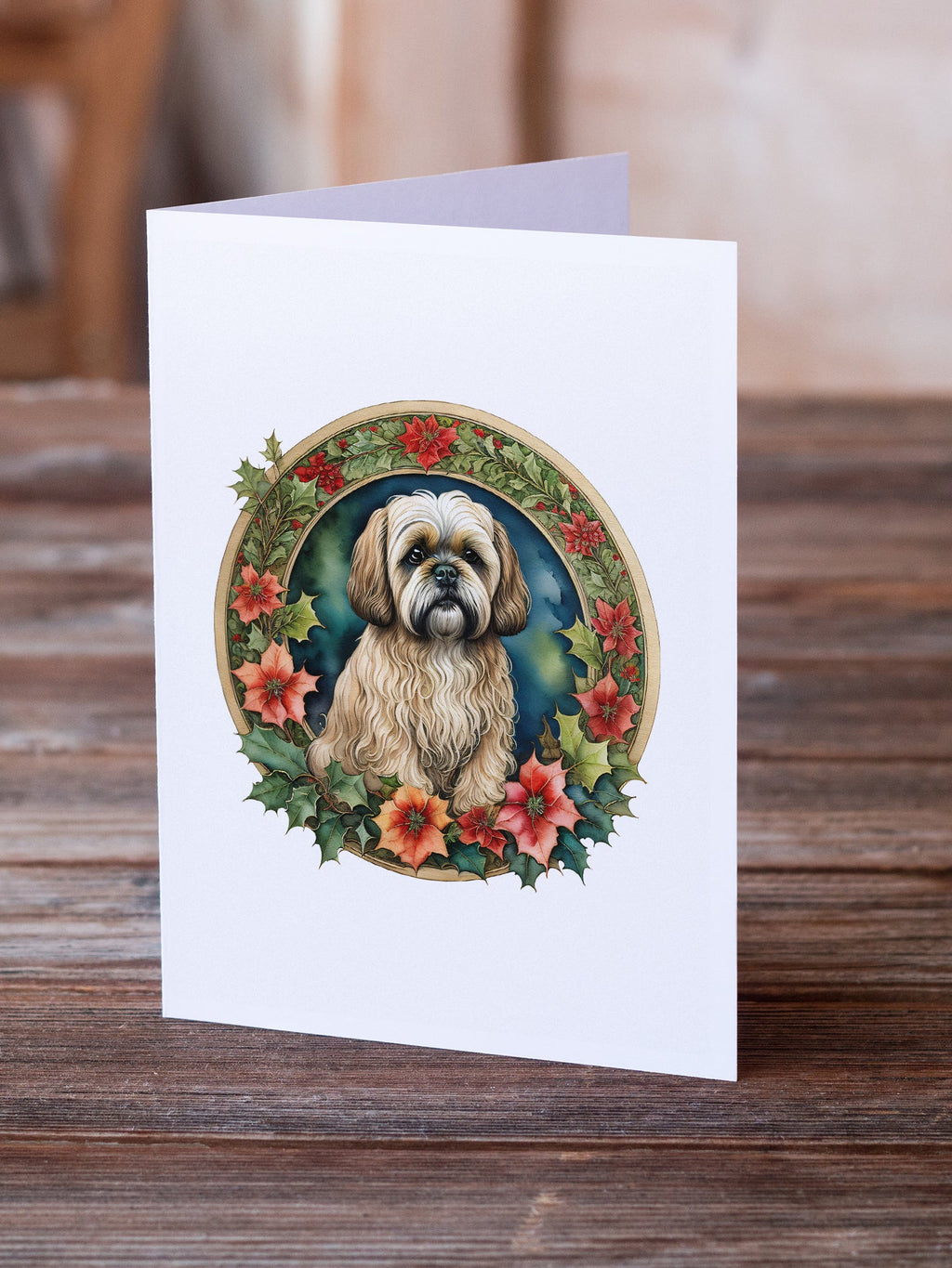 Lhasa Apso Christmas Flowers Greeting Cards Pack of 8 Blank Cards with Envelopes Whimsical A7 Size 5x7