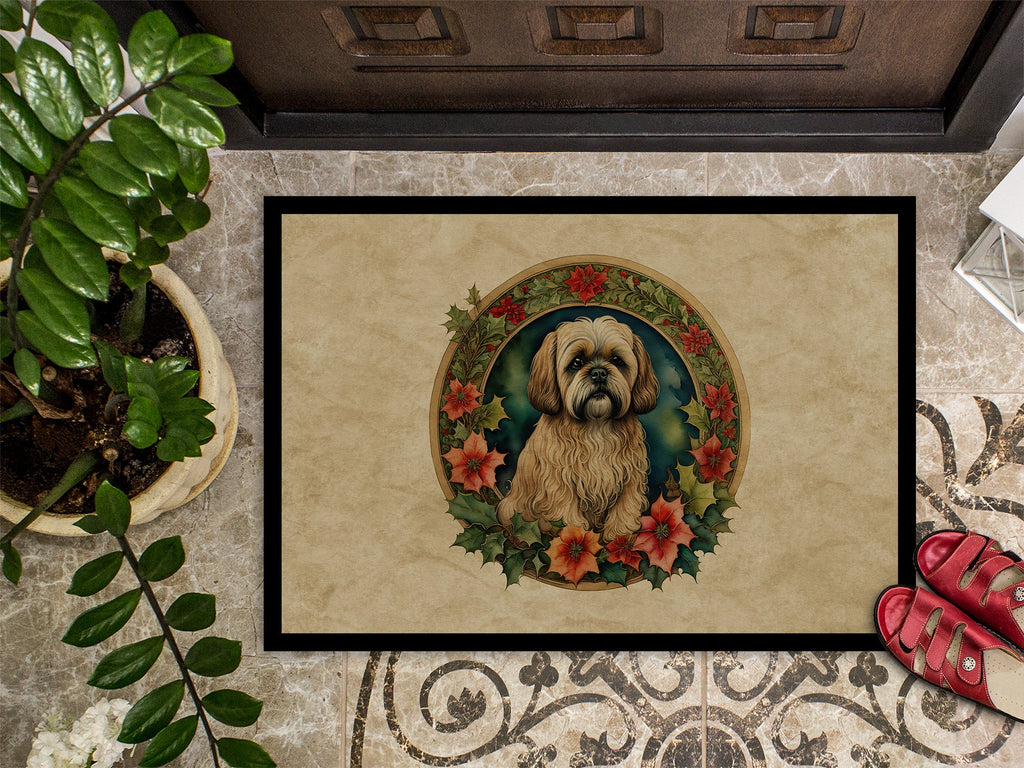 Lhasa Apso Christmas Flowers Doormat Indoor Outdoor 24H X 36W Front Door Mat Rugs for Entryway, Non Slip Washable Low Pile,