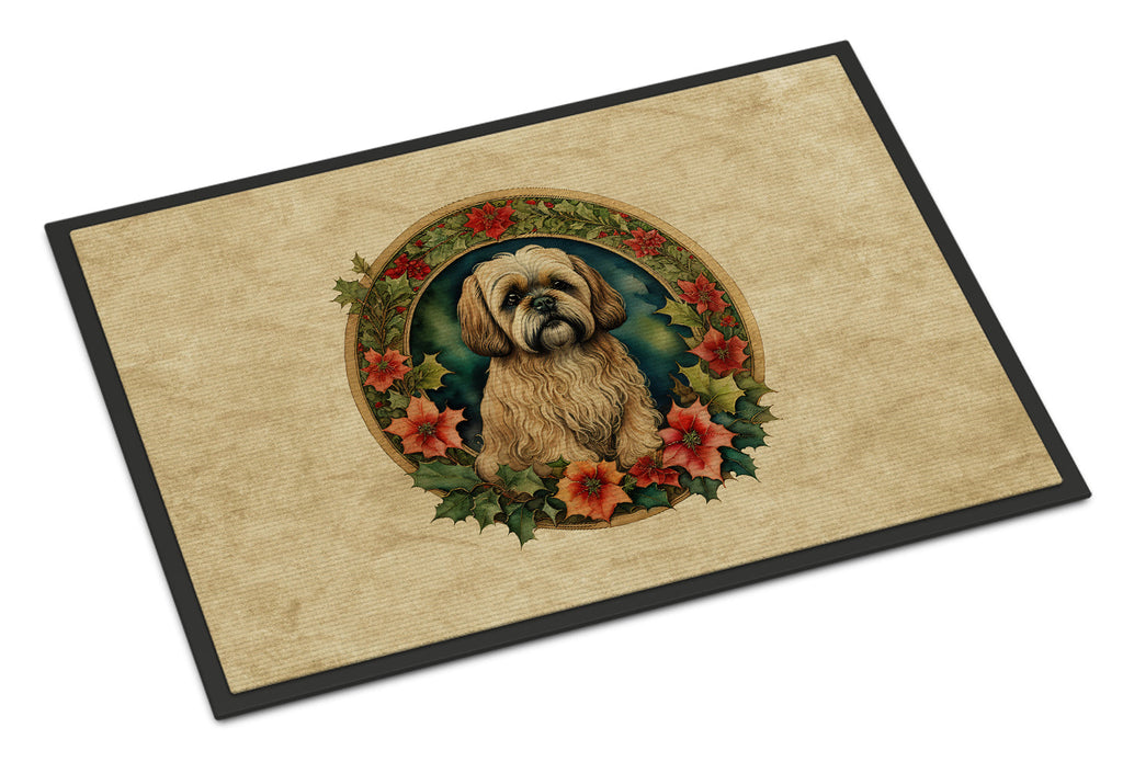 Lhasa Apso Christmas Flowers Doormat Indoor Outdoor 18H X 27W Front Door Mat Rugs for Entryway, Non Slip Washable