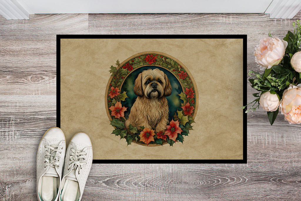 Lhasa Apso Christmas Flowers Doormat Indoor Outdoor 18H X 27W Front Door Mat Rugs for Entryway, Non Slip Washable