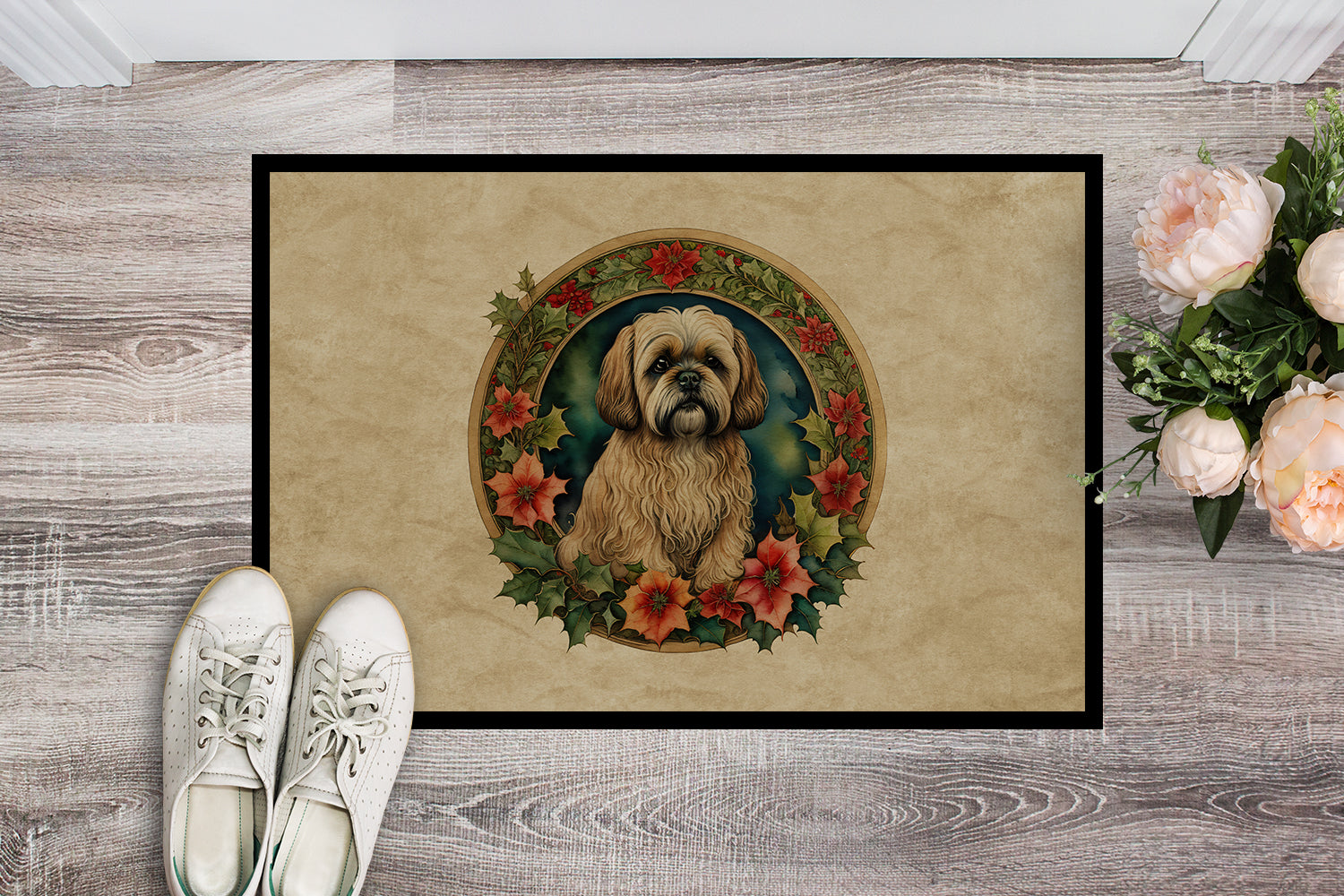Lhasa Apso Christmas Flowers Doormat Indoor Outdoor 18H X 27W Front Door Mat Rugs for Entryway, Non Slip Washable