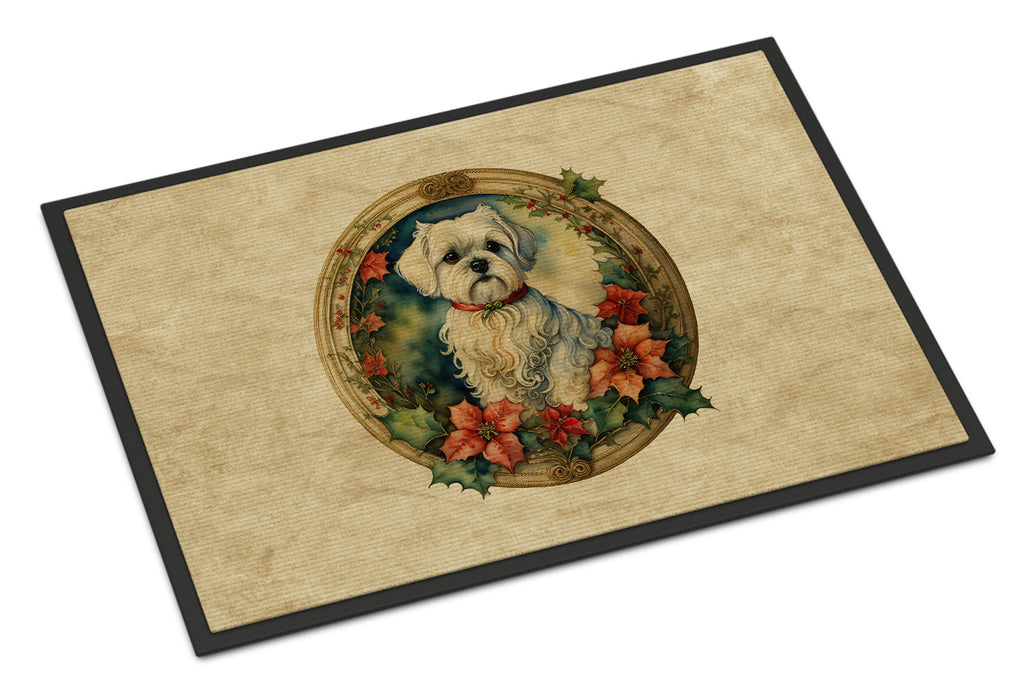 Maltese Christmas Flowers Doormat Indoor Outdoor 18H X 27W Front Door Mat Rugs for Entryway, Non Slip Washable