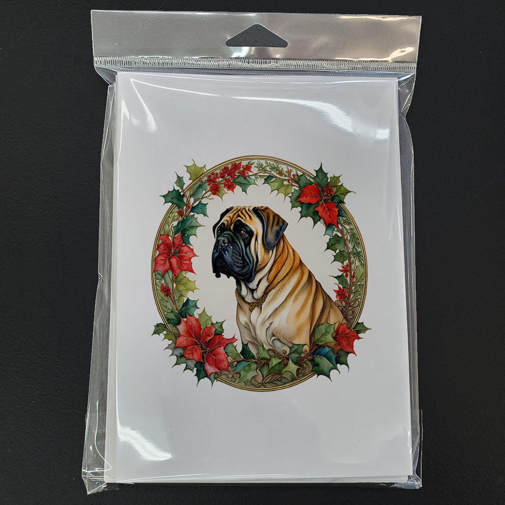 Mastiff Christmas Flowers Greeting Cards Pack of 8 Blank Cards with Envelopes Whimsical A7 Size 5x7