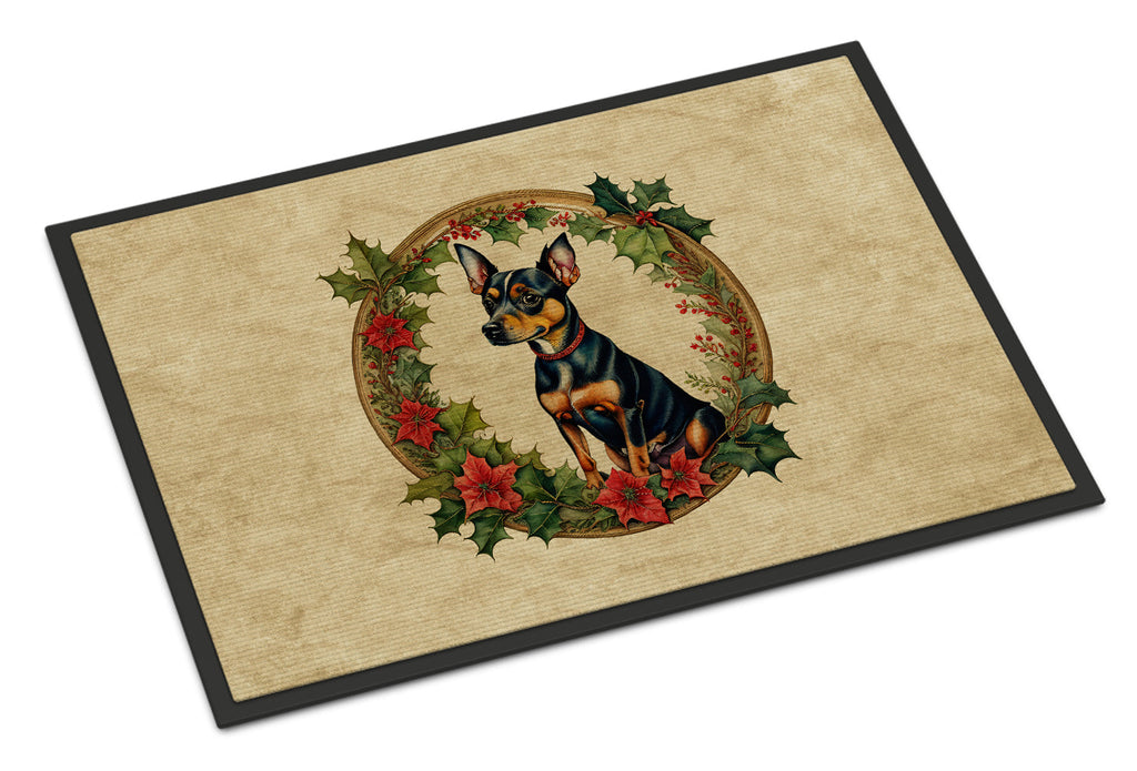 Miniature Pinscher Christmas Flowers Doormat Indoor Outdoor 18H X 27W Front Door Mat Rugs for Entryway, Non Slip Washable