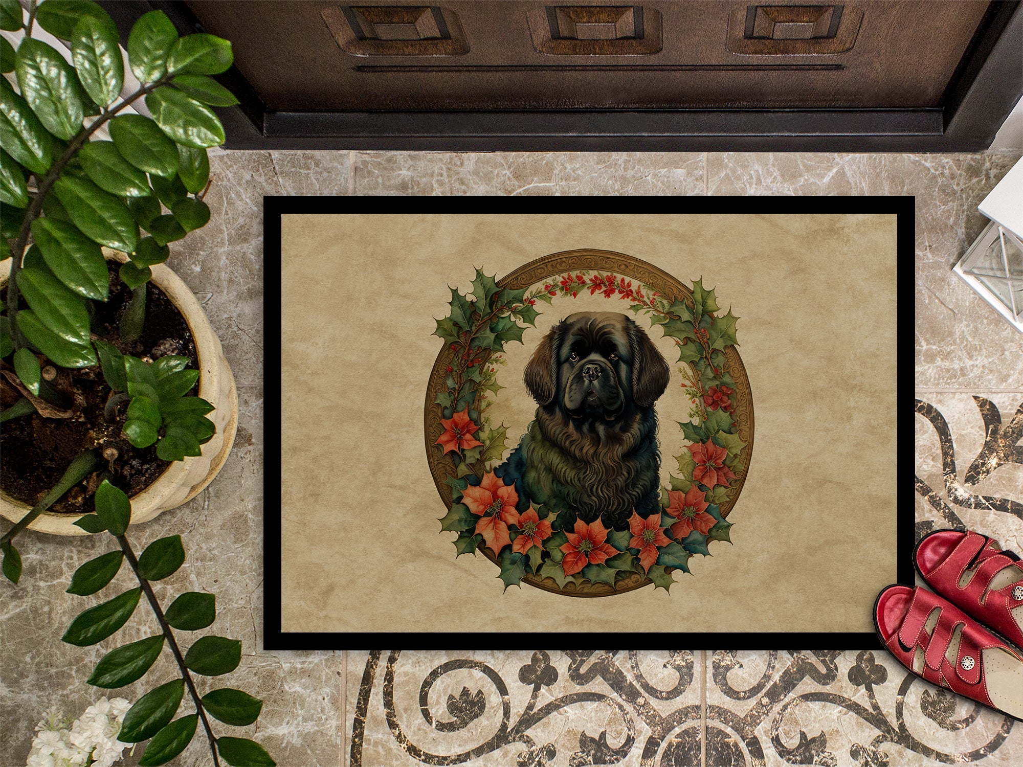 Newfoundland Christmas Flowers Doormat Indoor Outdoor 18H X 27W Front Door Mat Rugs for Entryway, Non Slip Washable