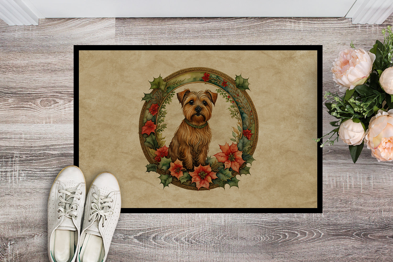 Norfolk Terrier Christmas Flowers Doormat Indoor Outdoor 24H X 36W Front Door Mat Rugs for Entryway, Non Slip Washable Low Pile,