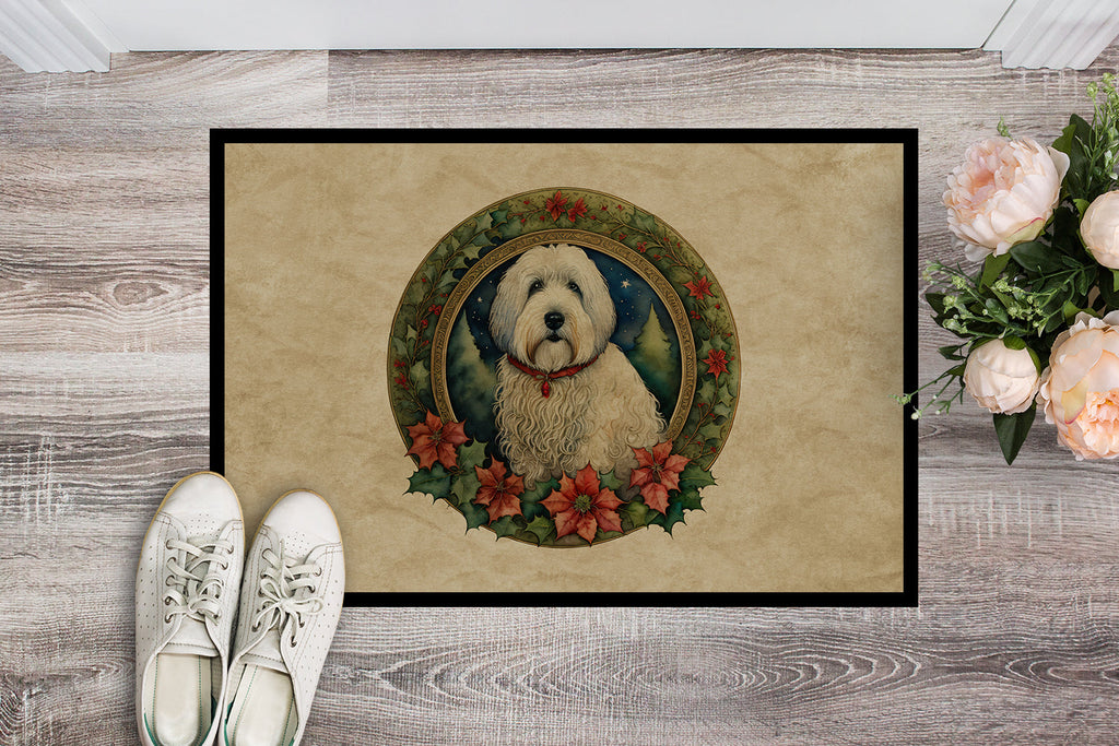 Old English Sheepdog Christmas Flowers Doormat Indoor Outdoor 24H X 36W Front Door Mat Rugs for Entryway, Non Slip Washable Low Pile,