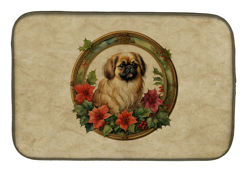 Pekingese Christmas Flowers Dish Drying Mat Absorbent Dish Drying Mat Pad for Kitchen Counter Dish Drainer Mat for Countertop, 14 x 21", Multicolor