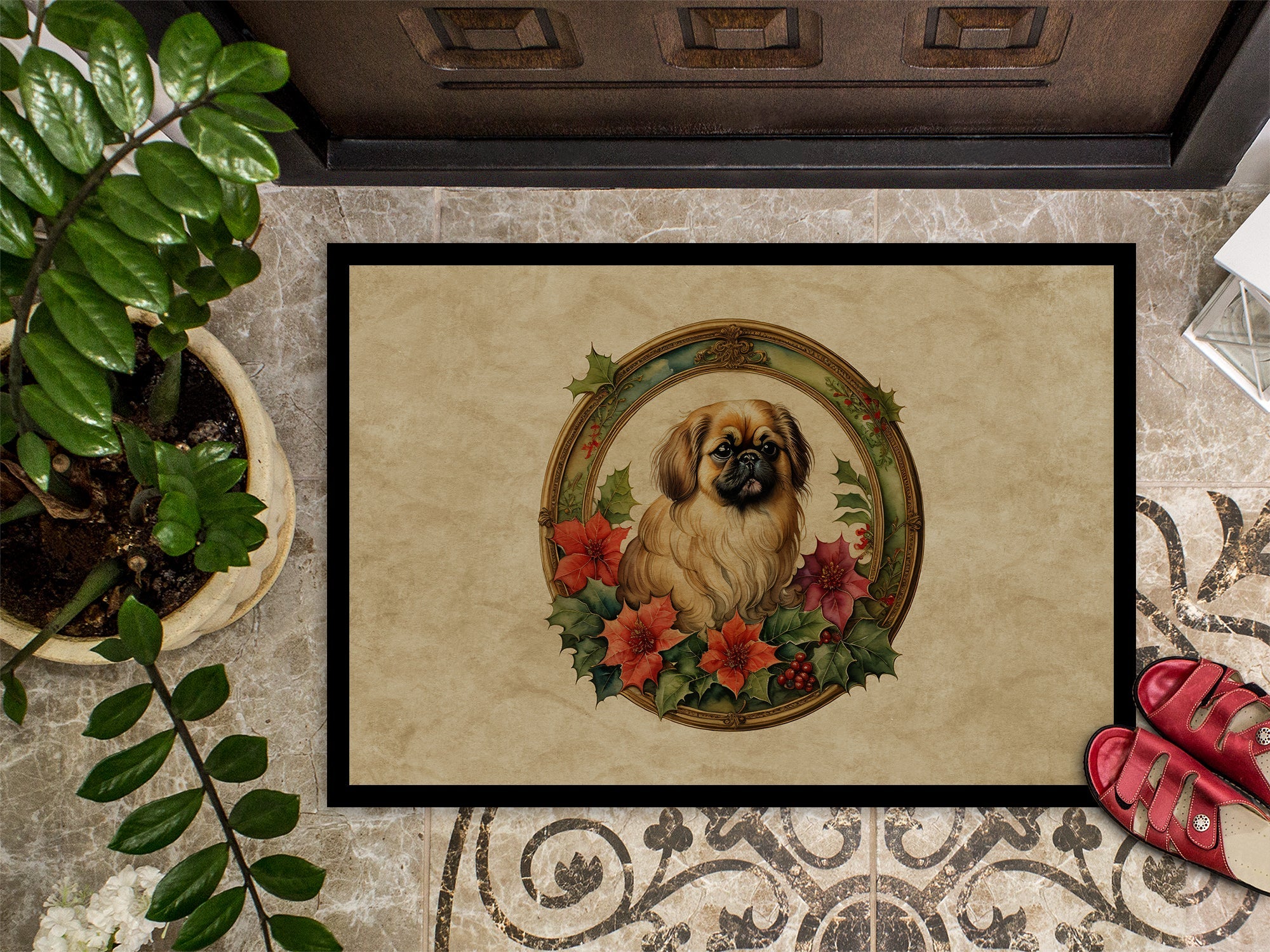 Pekingese Christmas Flowers Doormat Indoor Outdoor 18H X 27W Front Door Mat Rugs for Entryway, Non Slip Washable