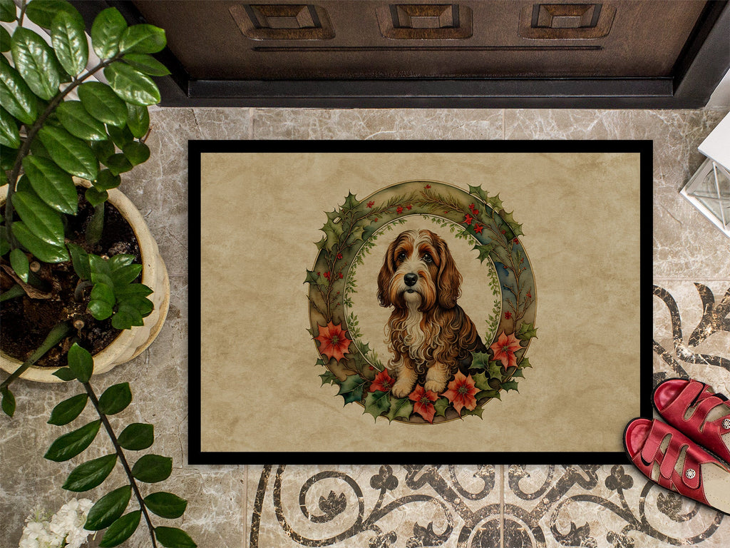 Petit Basset Griffon Vendeen Christmas Flowers Doormat Indoor Outdoor 24H X 36W Front Door Mat Rugs for Entryway, Non Slip Washable Low Pile,