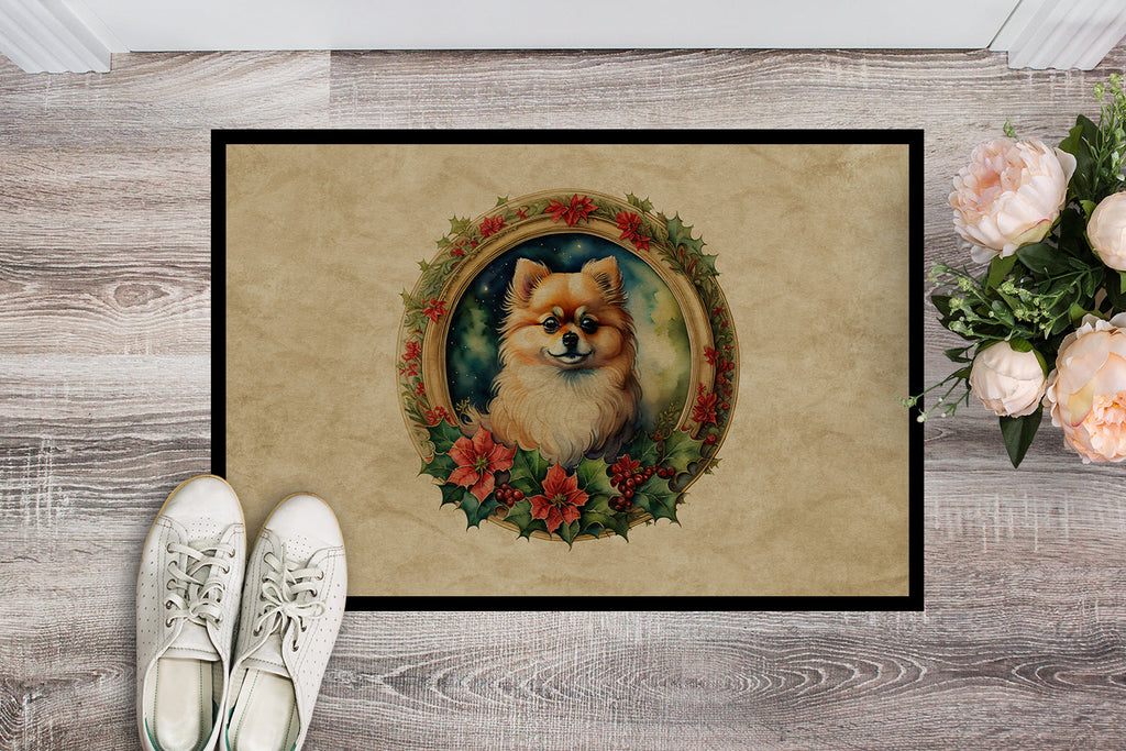 Pomeranian Christmas Flowers Doormat Indoor Outdoor 18H X 27W Front Door Mat Rugs for Entryway, Non Slip Washable