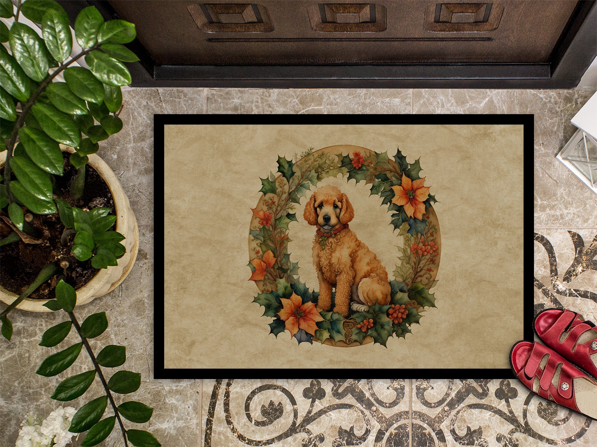 Poodle Christmas Flowers Doormat Indoor Outdoor 24H X 36W Front Door Mat Rugs for Entryway, Non Slip Washable Low Pile,