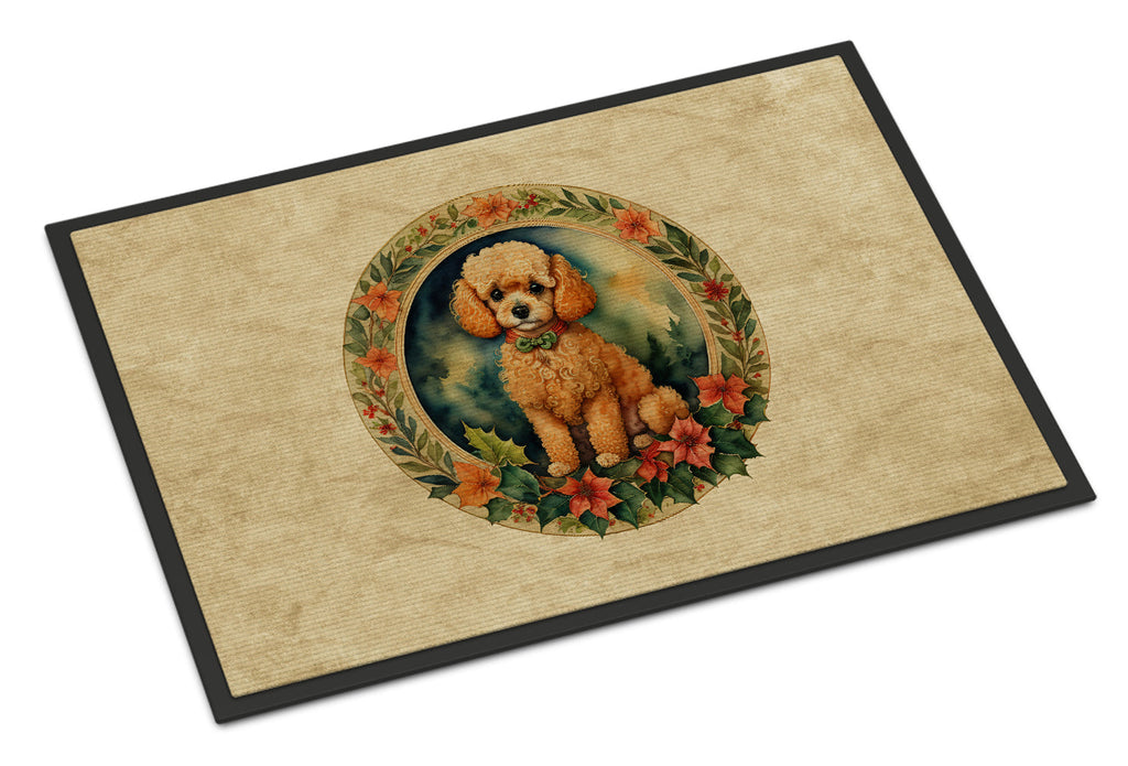 Poodle Christmas Flowers Doormat Indoor Outdoor 24H X 36W Front Door Mat Rugs for Entryway, Non Slip Washable Low Pile,