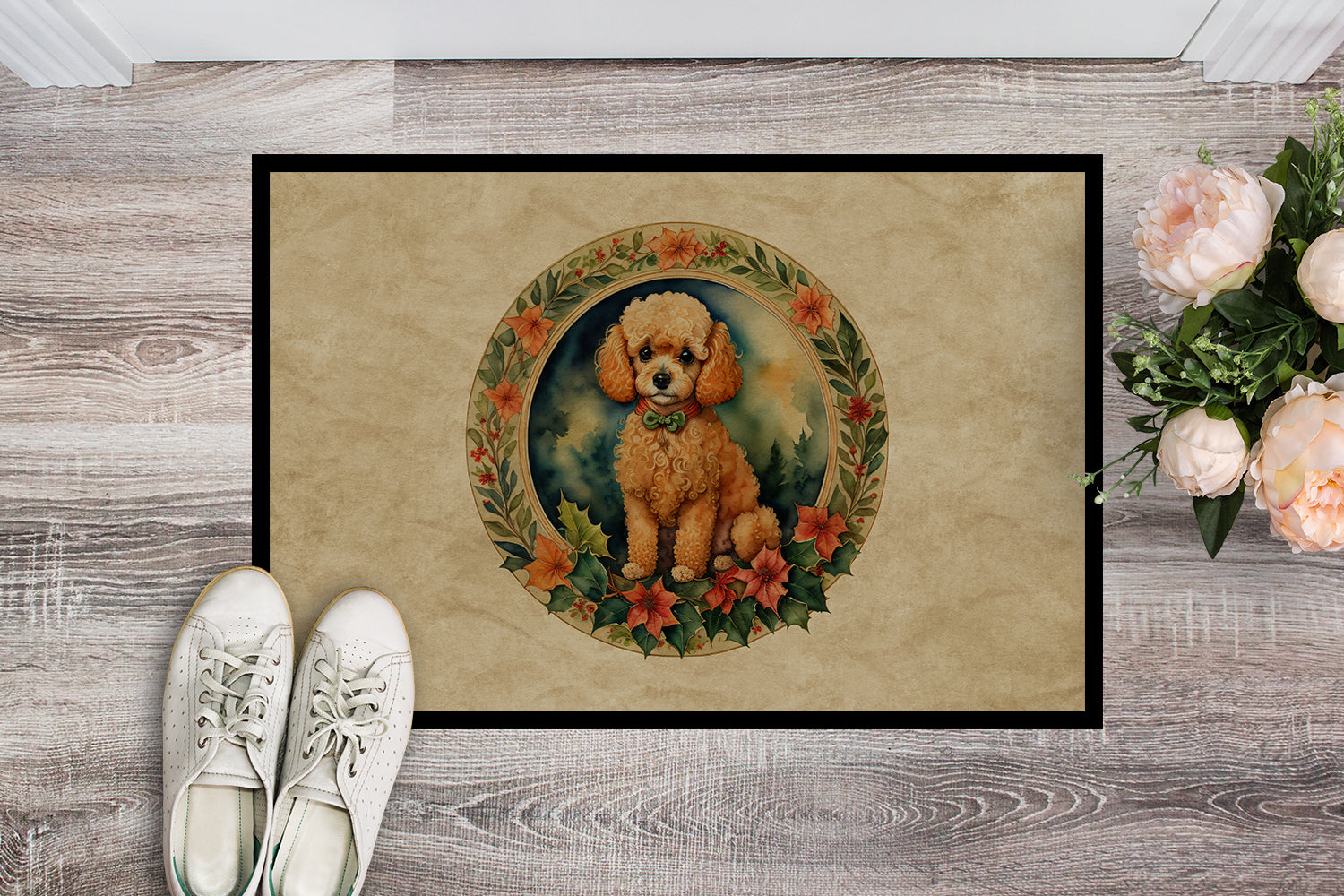Poodle Christmas Flowers Doormat Indoor Outdoor 24H X 36W Front Door Mat Rugs for Entryway, Non Slip Washable Low Pile,