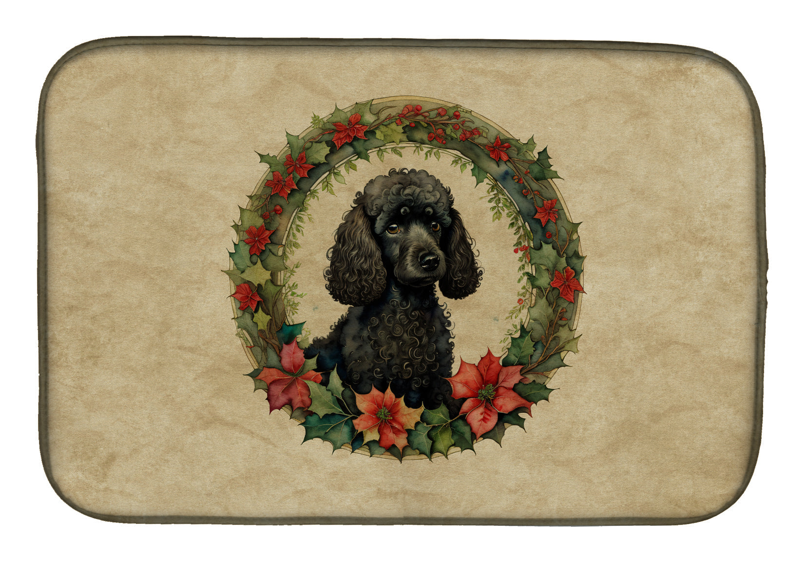 Poodle Christmas Flowers Dish Drying Mat Absorbent Dish Drying Mat Pad for Kitchen Counter Dish Drainer Mat for Countertop, 14 x 21", Multicolor