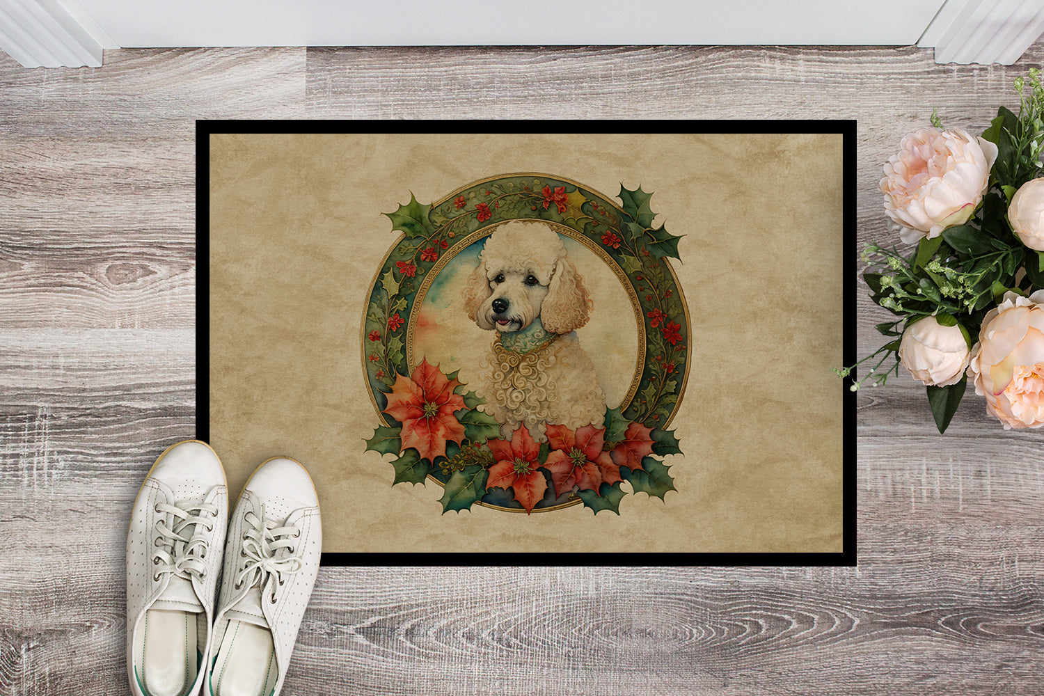Poodle Christmas Flowers Doormat Indoor Outdoor 24H X 36W Front Door Mat Rugs for Entryway, Non Slip Washable Low Pile,