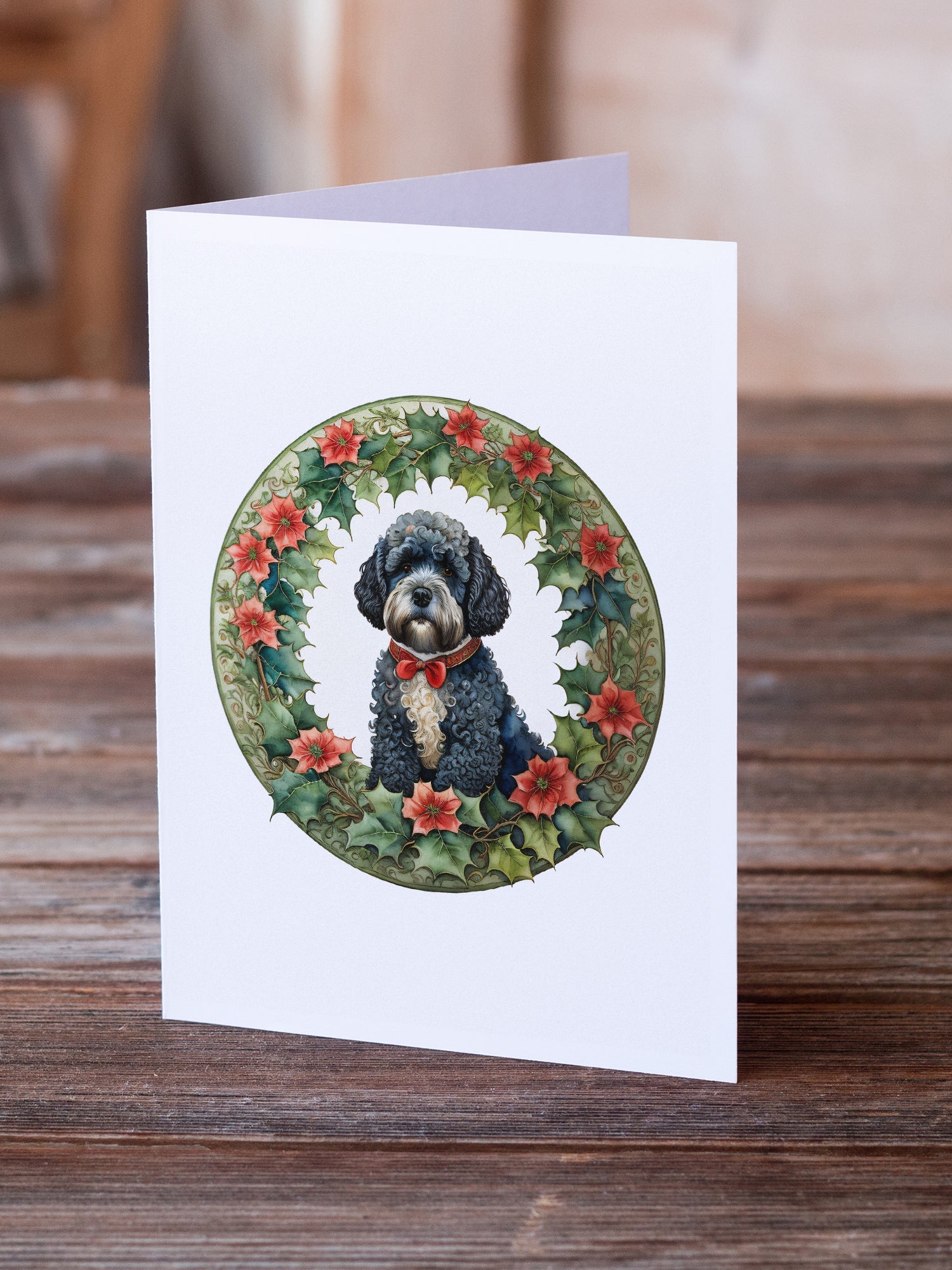 Portuguese Water Dog Christmas Flowers Greeting Cards Pack of 8 Blank Cards with Envelopes Whimsical A7 Size 5x7