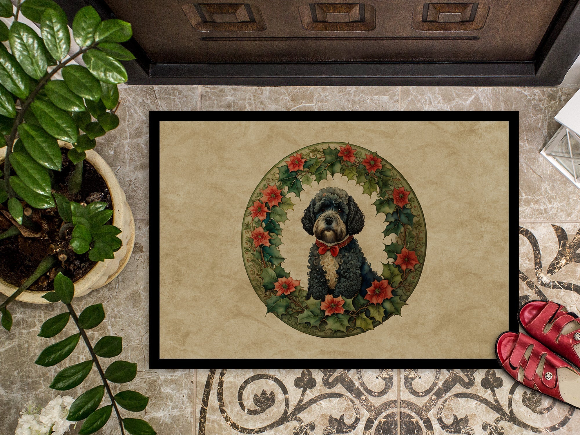 Portuguese Water Dog Christmas Flowers Doormat Indoor Outdoor 24H X 36W Front Door Mat Rugs for Entryway, Non Slip Washable Low Pile,