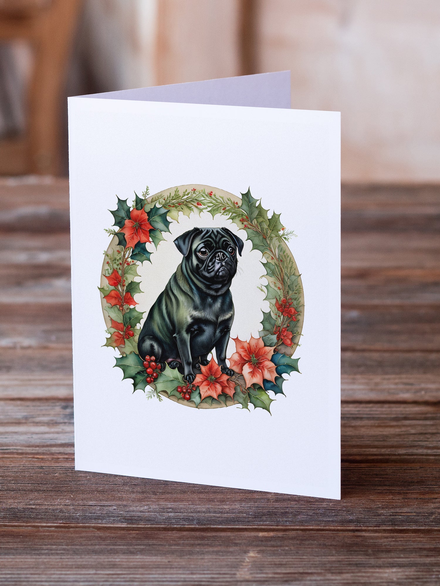 Pug Christmas Flowers Greeting Cards Pack of 8 Blank Cards with Envelopes Whimsical A7 Size 5x7