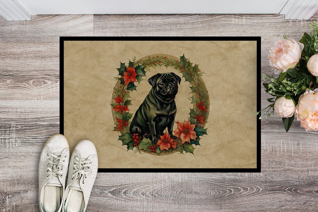 Pug Christmas Flowers Doormat Indoor Outdoor 18H X 27W Front Door Mat Rugs for Entryway, Non Slip Washable