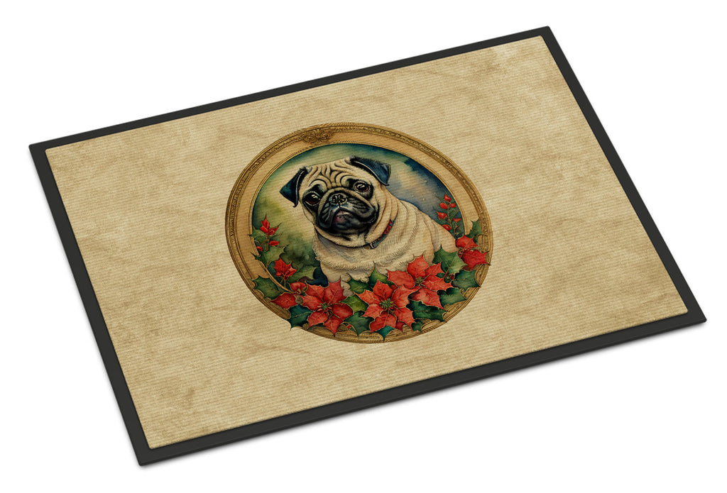 Pug Christmas Flowers Doormat Indoor Outdoor 18H X 27W Front Door Mat Rugs for Entryway, Non Slip Washable