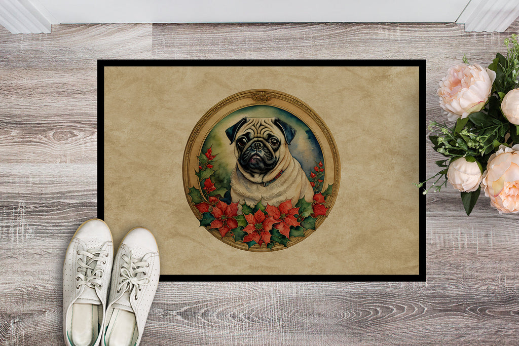 Pug Christmas Flowers Doormat Indoor Outdoor 18H X 27W Front Door Mat Rugs for Entryway, Non Slip Washable