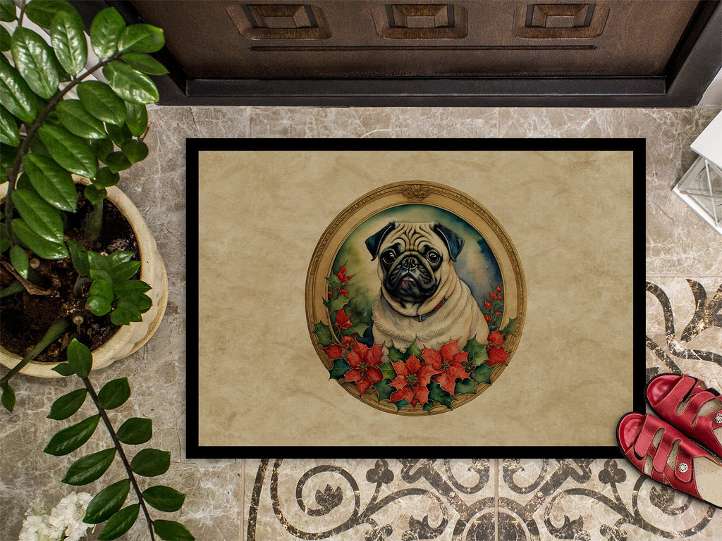 Pug Christmas Flowers Doormat Indoor Outdoor 18H X 27W Front Door Mat Rugs for Entryway, Non Slip Washable
