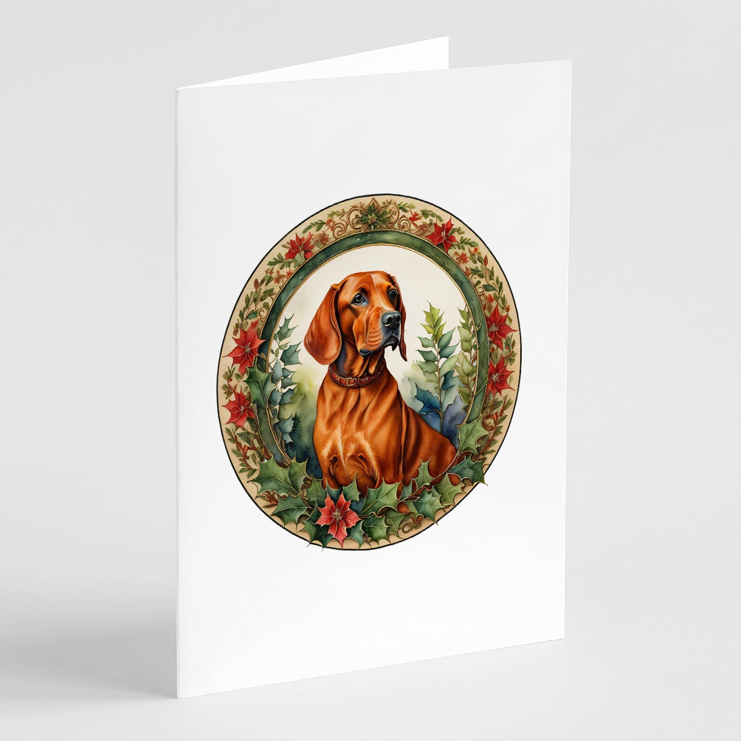 Red Redbone Coonhound Christmas Flowers Greeting Cards Pack of 8 Blank Cards with Envelopes Whimsical A7 Size 5x7
