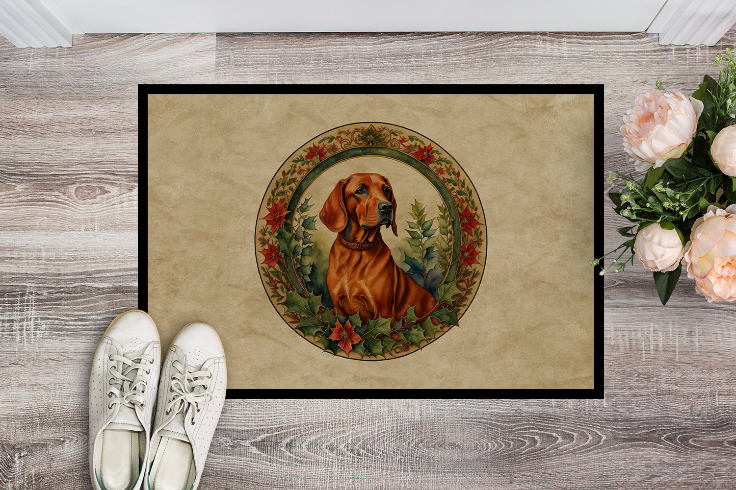 Red Redbone Coonhound Christmas Flowers Doormat Indoor Outdoor 18H X 27W Front Door Mat Rugs for Entryway, Non Slip Washable