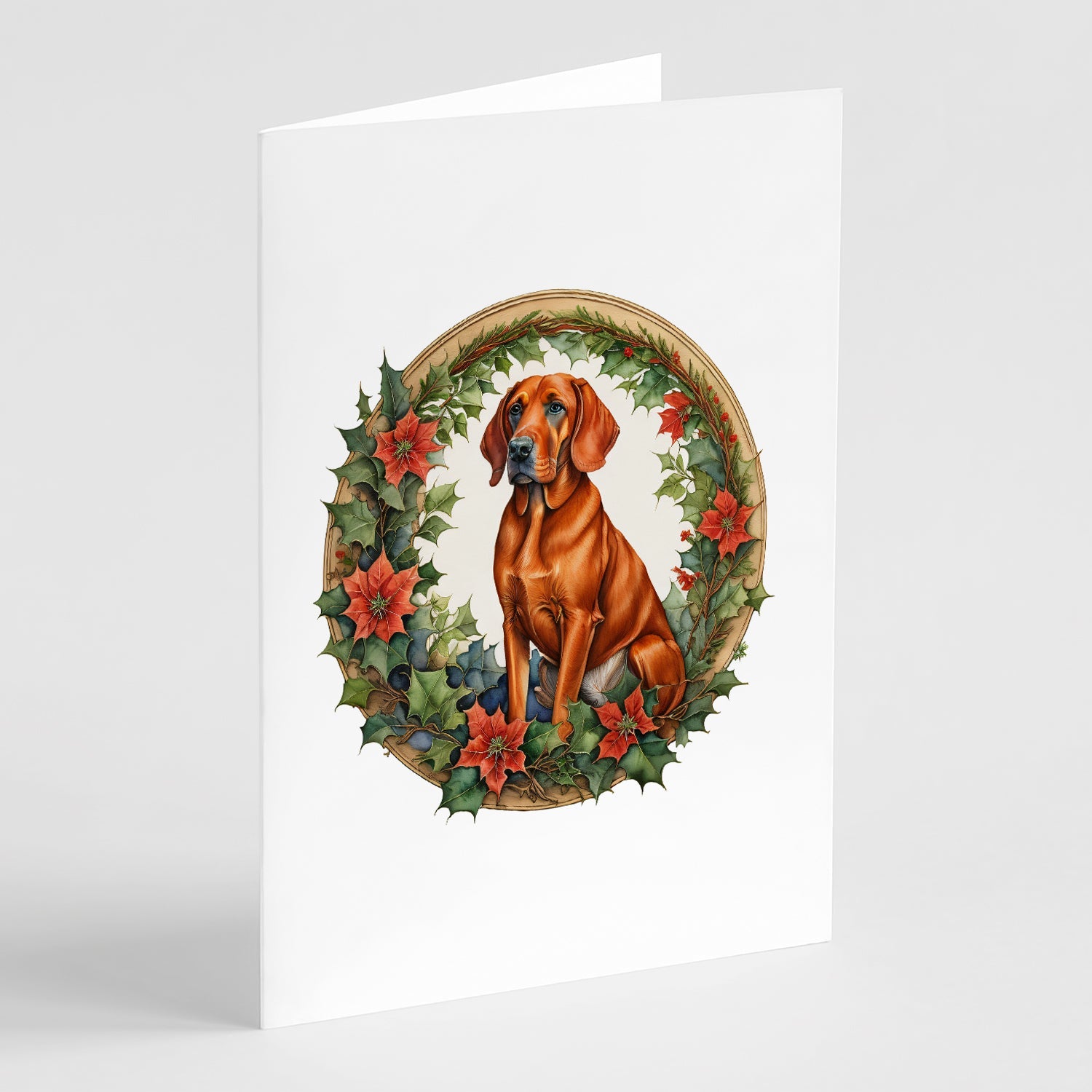 Red Redbone Coonhound Christmas Flowers Greeting Cards Pack of 8 Blank Cards with Envelopes Whimsical A7 Size 5x7