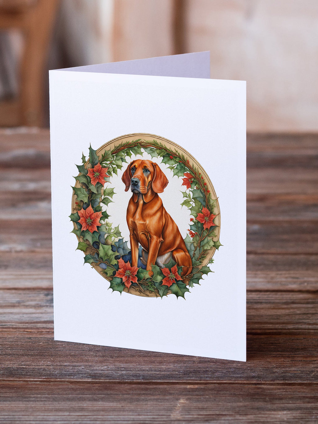 Red Redbone Coonhound Christmas Flowers Greeting Cards Pack of 8 Blank Cards with Envelopes Whimsical A7 Size 5x7