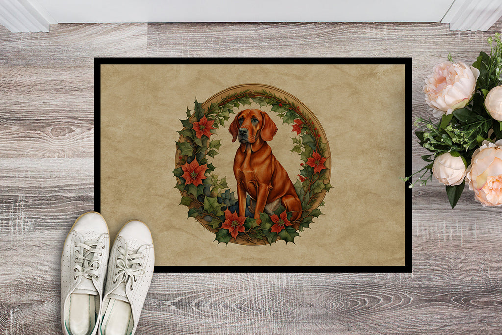 Red Redbone Coonhound Christmas Flowers Doormat Indoor Outdoor 24H X 36W Front Door Mat Rugs for Entryway, Non Slip Washable Low Pile,