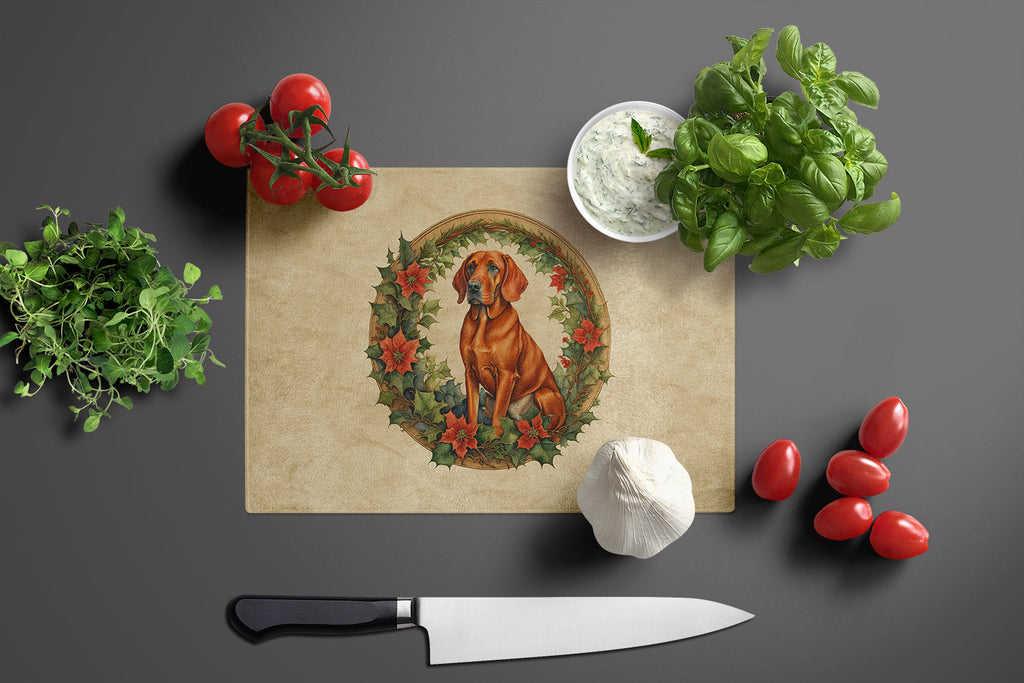 Red Redbone Coonhound Christmas Flowers Cutting Board Tempered Glass Kitchen Cutting Surface, Heat Resistant Chopping, Non-Slip Feet, Food Prep & Serving