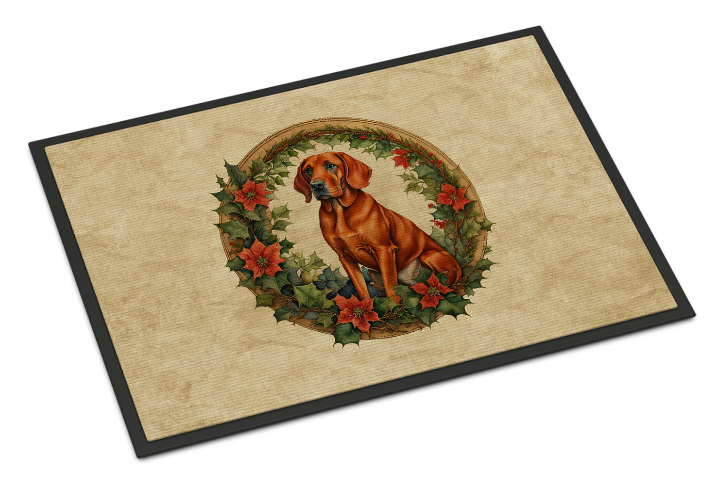 Red Redbone Coonhound Christmas Flowers Doormat Indoor Outdoor 18H X 27W Front Door Mat Rugs for Entryway, Non Slip Washable