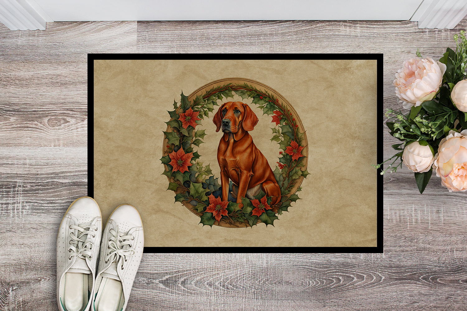 Red Redbone Coonhound Christmas Flowers Doormat Indoor Outdoor 18H X 27W Front Door Mat Rugs for Entryway, Non Slip Washable