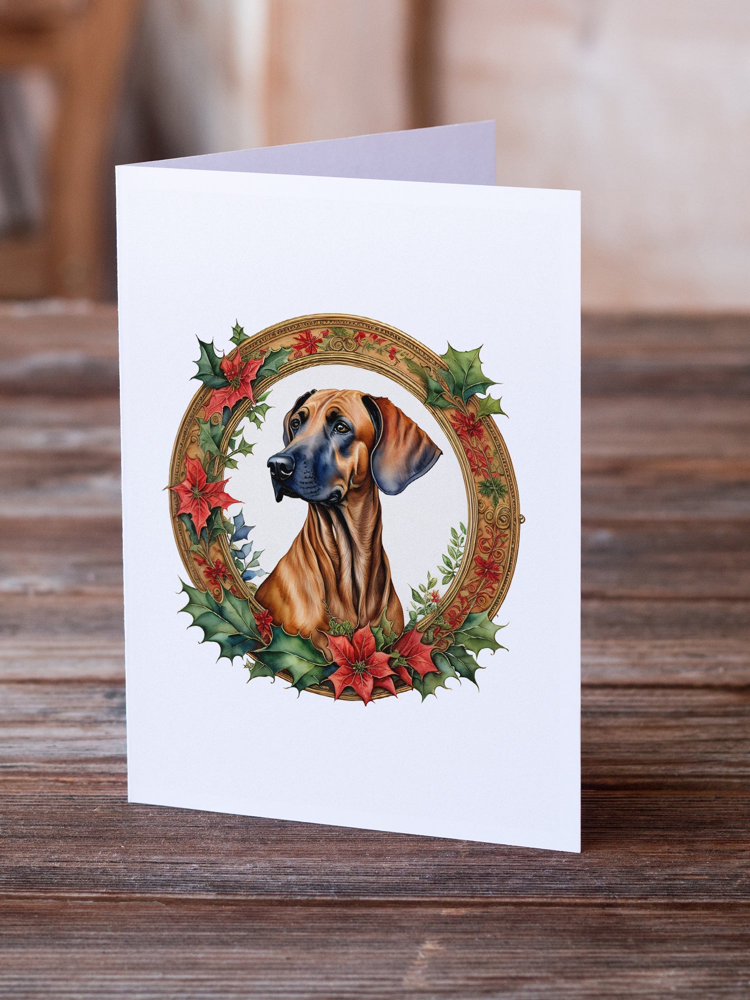 Rhodesian Ridgeback Christmas Flowers Greeting Cards Pack of 8 Blank Cards with Envelopes Whimsical A7 Size 5x7