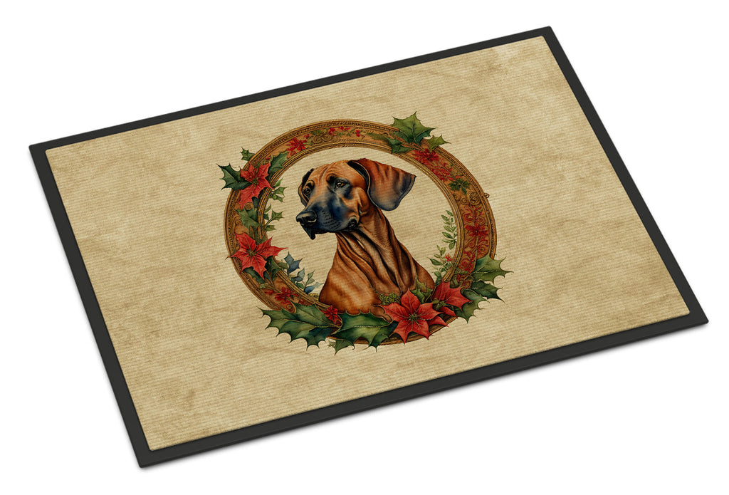 Rhodesian Ridgeback Christmas Flowers Doormat Indoor Outdoor 18H X 27W Front Door Mat Rugs for Entryway, Non Slip Washable