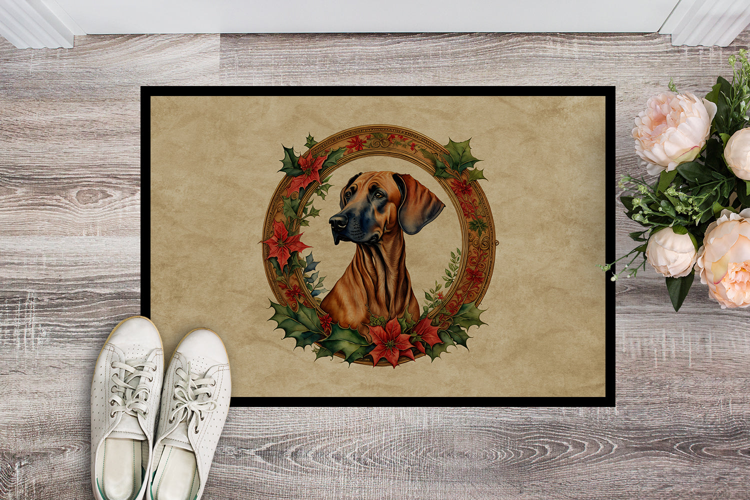 Rhodesian Ridgeback Christmas Flowers Doormat Indoor Outdoor 18H X 27W Front Door Mat Rugs for Entryway, Non Slip Washable