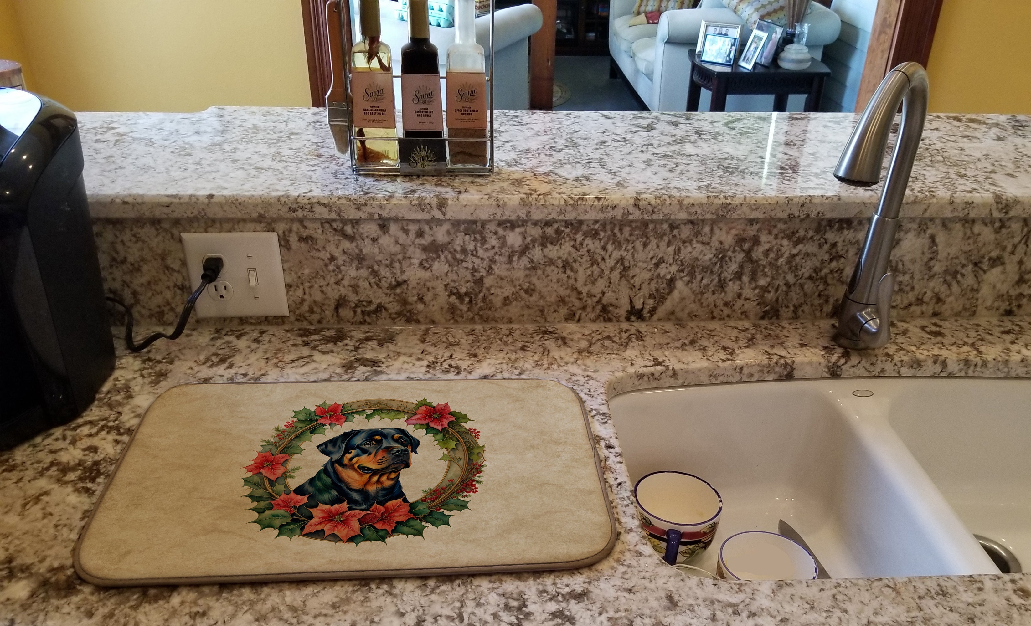 Rottweiler Christmas Flowers Dish Drying Mat Absorbent Dish Drying Mat Pad for Kitchen Counter Dish Drainer Mat for Countertop, 14 x 21", Multicolor